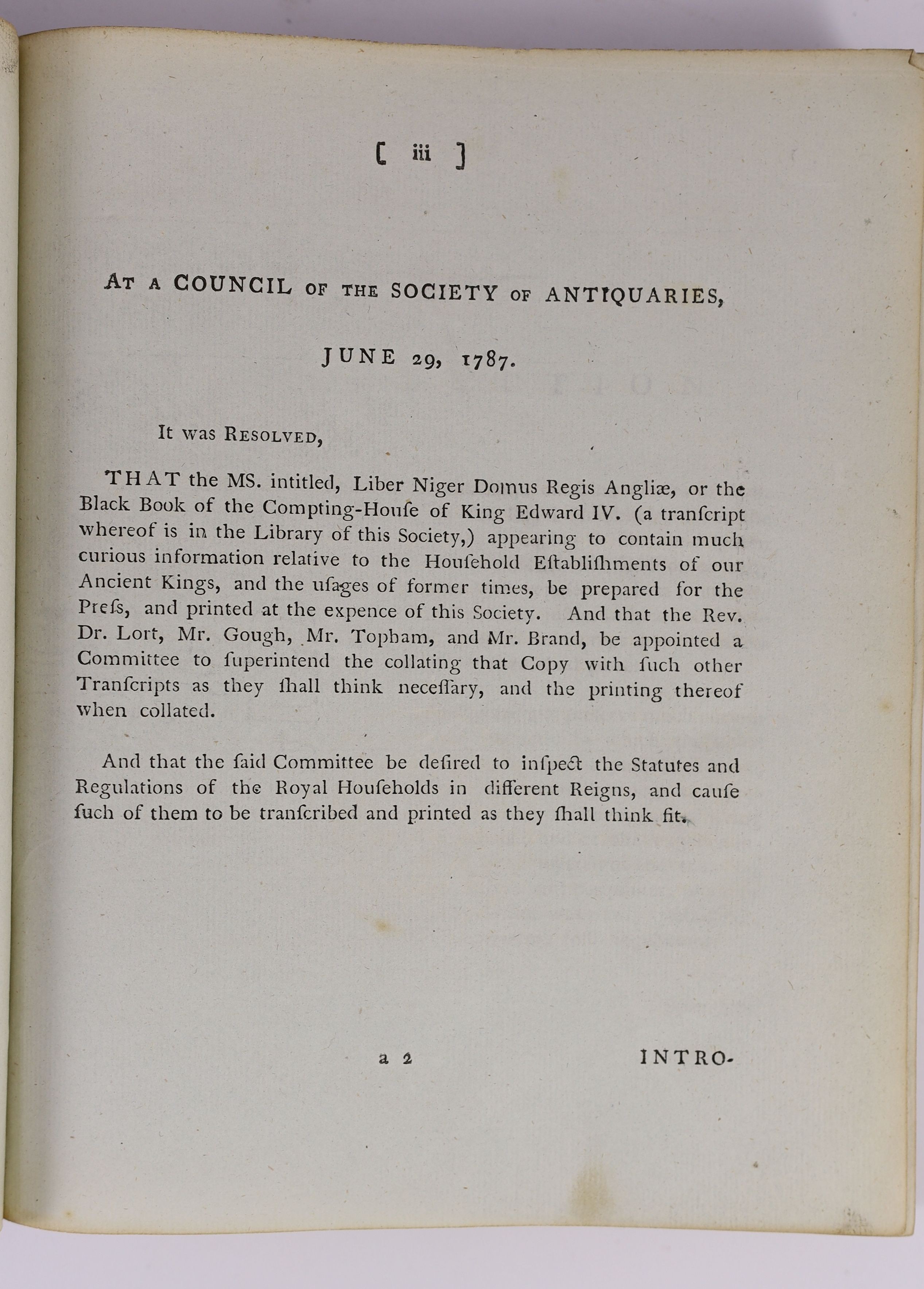 (Royal Household) - A Collection of Ordinances and Regulations for the Government of the Royal Household..... also Receipts in Ancient Cookery. engraved title device; contemp. diced calf, gilt ruled and lettered spine, m